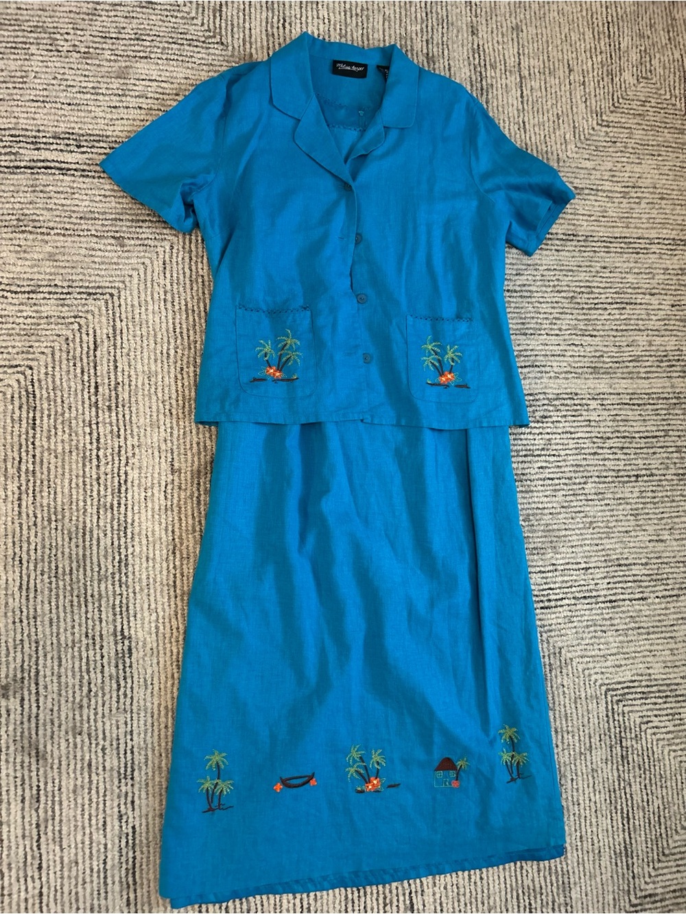 Melissa Harper Linen Blue Embroidered Two-Piece Dress Set Sz 14 Tropical Resort